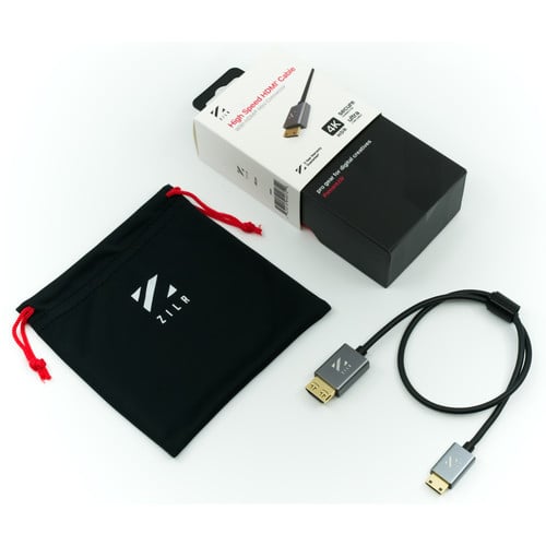 ZILR hyper-thin Mini-HDMI to HDMI cable in black, slim design with gold connectors for 4Kp60 signal.