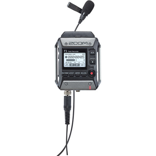 Zoom F1 field recorder kit with lavalier microphone: recorder unit with display and buttons, clip-on lavalier mic with screw-lock plug, windscreen, belt clip, and AAA batteries, all shown against a plain neutral background.
