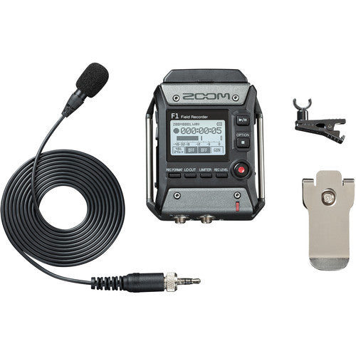 Zoom F1 field recorder kit with lavalier microphone: recorder unit with display and buttons, clip-on lavalier mic with screw-lock plug, windscreen, belt clip, and AAA batteries, all shown against a plain neutral background.