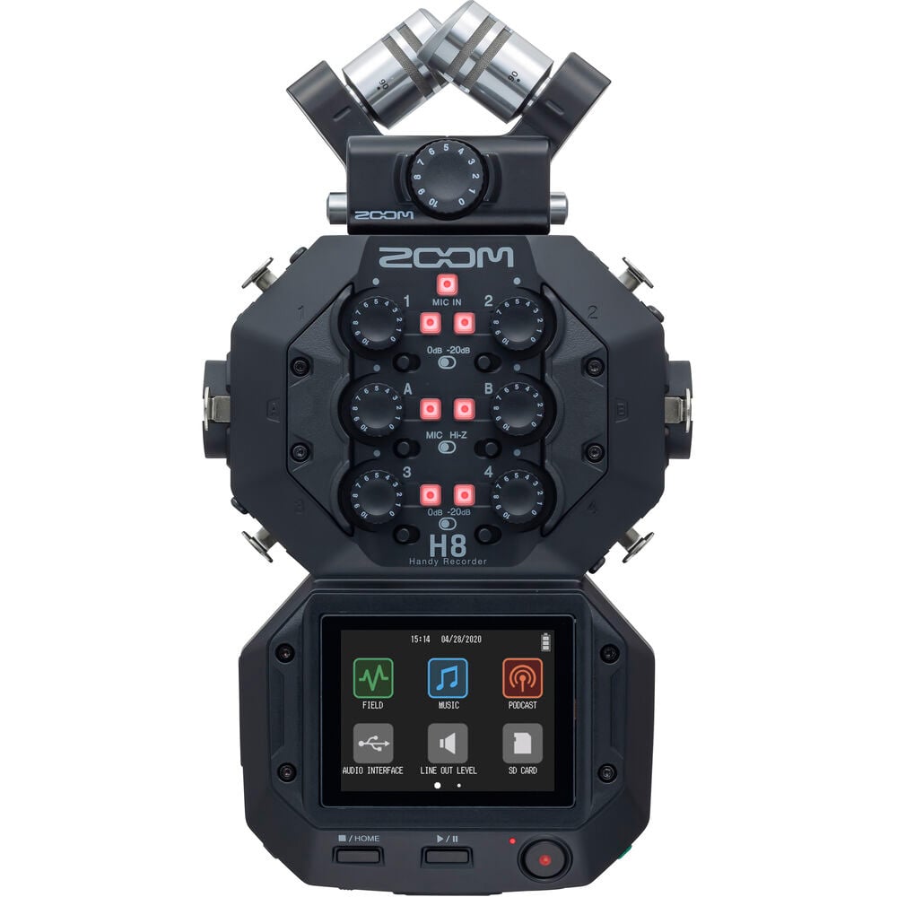 Zoom H8 portable handy recorder showing its color touchscreen, X/Y mic capsule, multiple input gain knobs, outputs and buttons, viewed at slight angle against a neutral background.